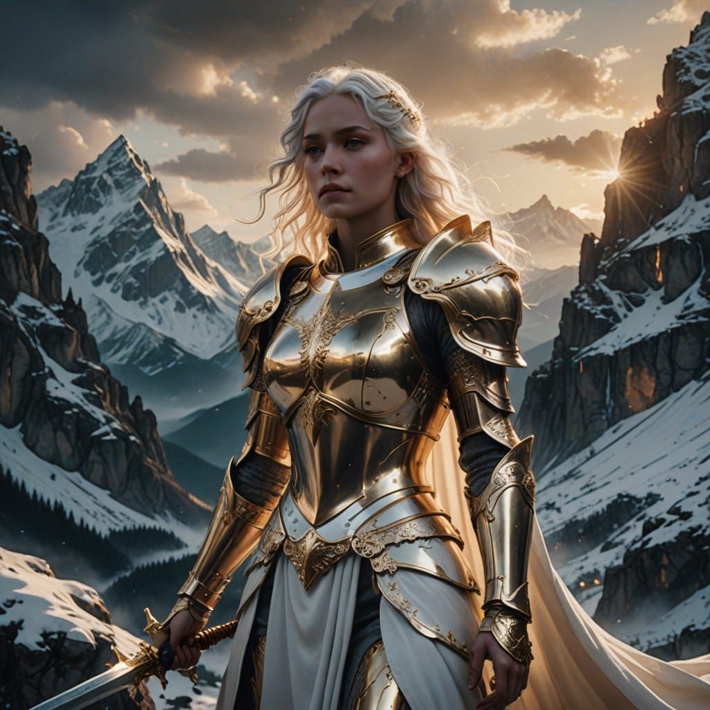 Divine Knight Lady in Ethereal Armor on Snowy Peak