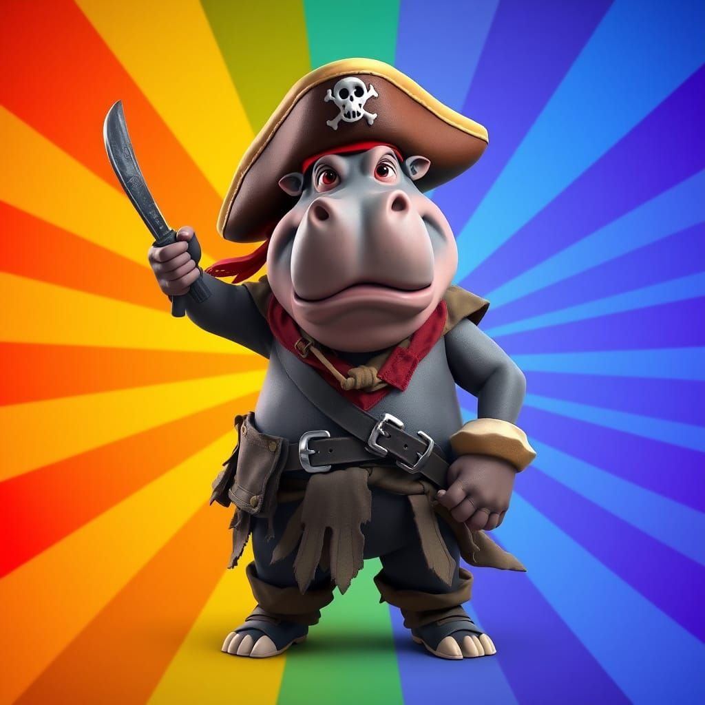 Heroic Hippopotamus Pirate in Vibrant 3D Style