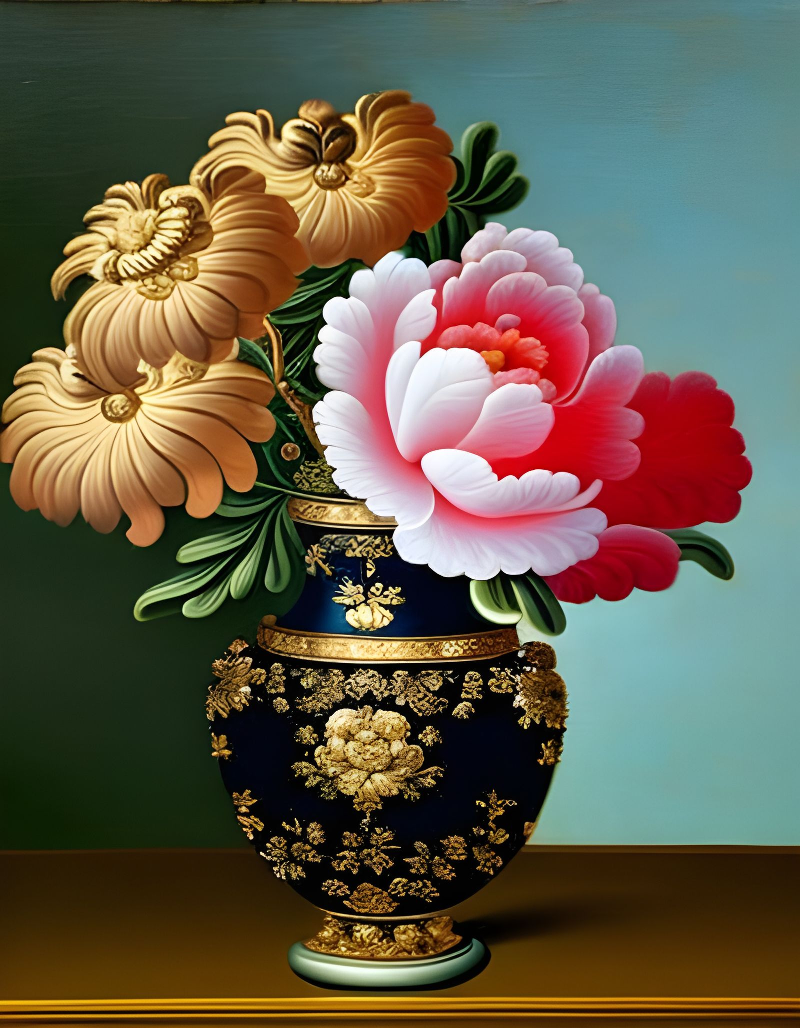 Bouquet of Peony Flowers in Antique 3D Vase