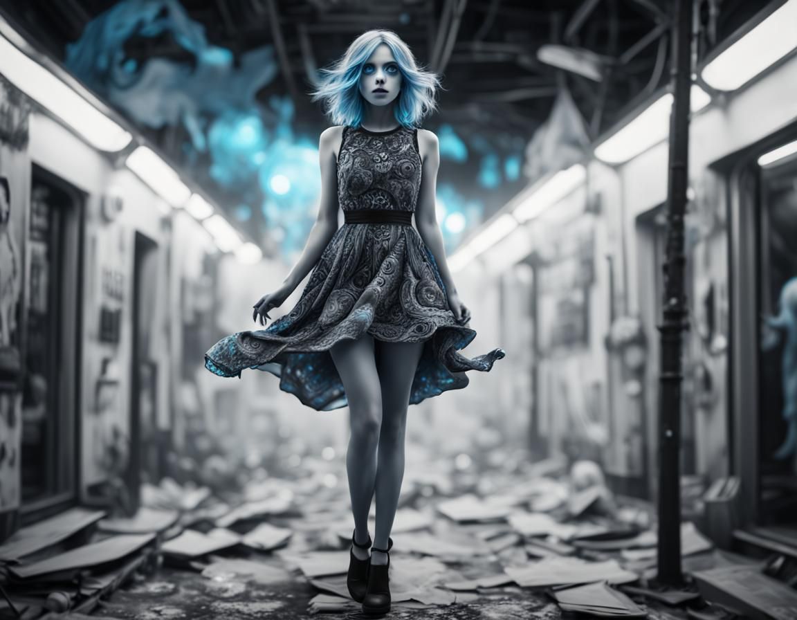 Intricate Black and White Dreamscape with a Blue Ghost Girl
