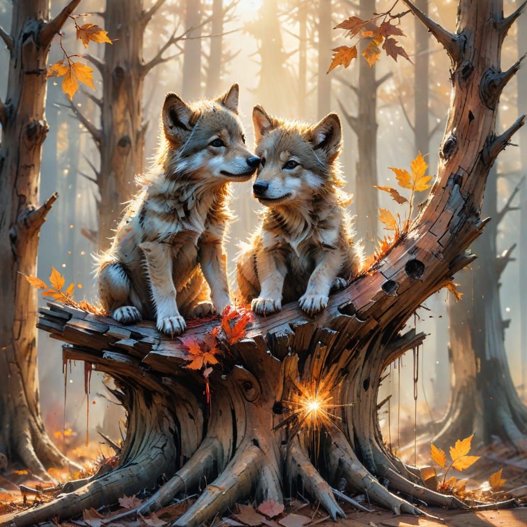 Wolf Pups Playing on Log in Autumn Sunlight