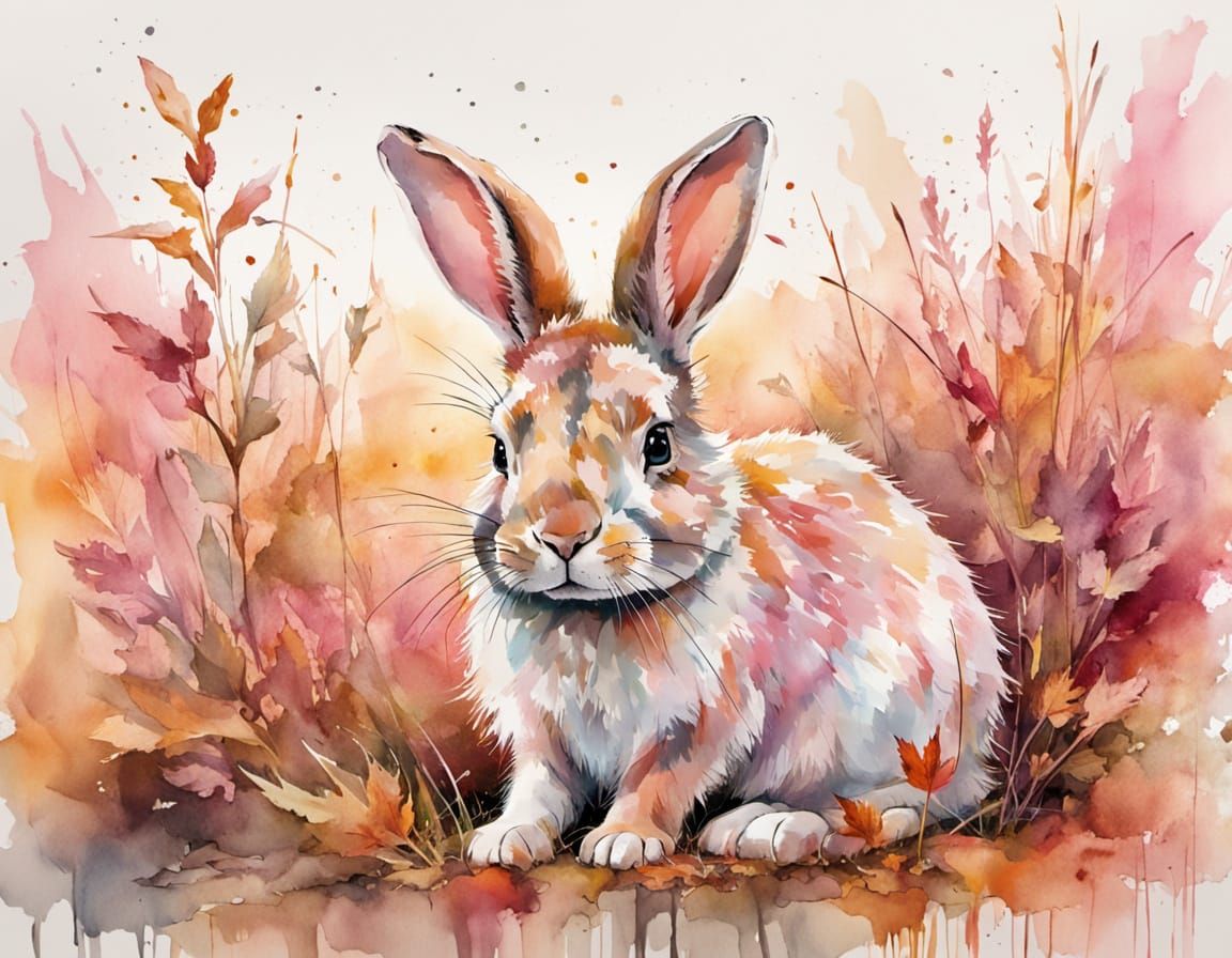 Cute Pink Rabbit in Autumn Field, Watercolour Masterpiece