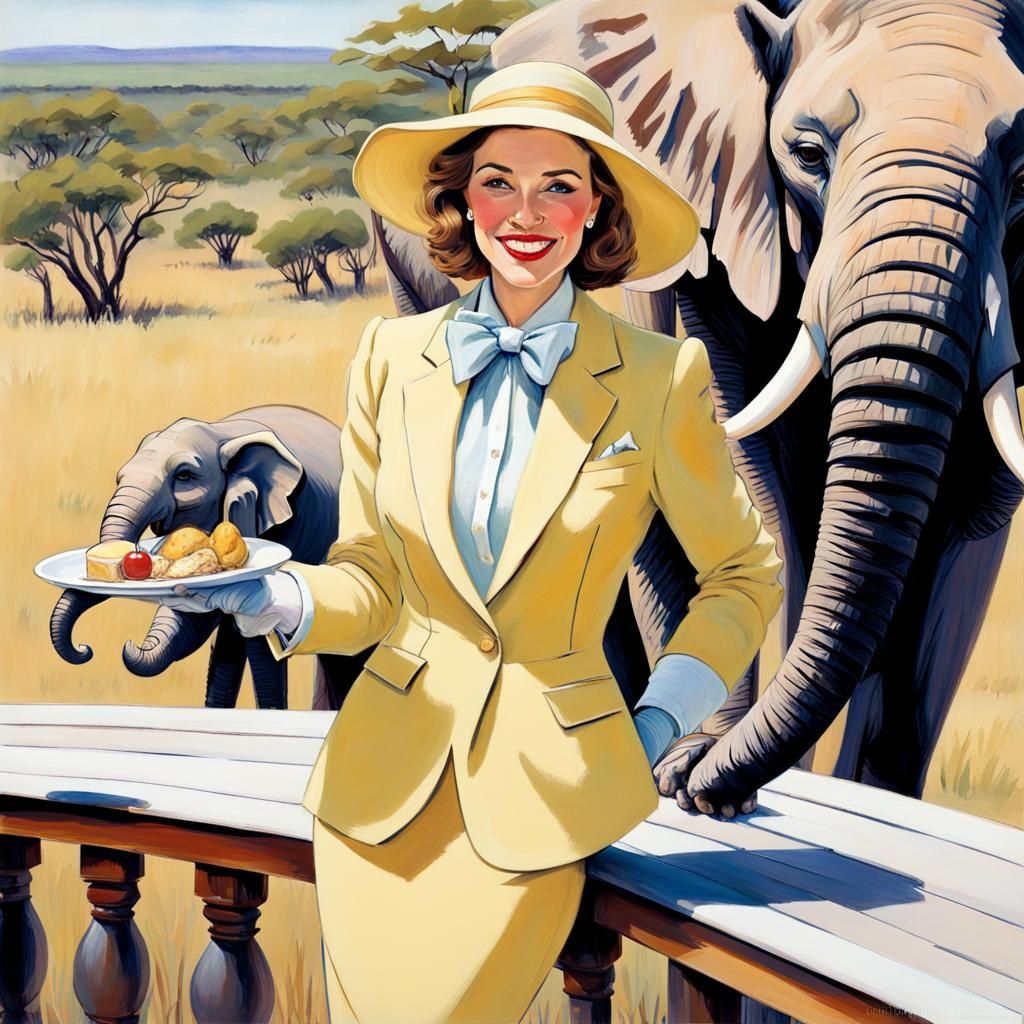 Elegant Woman Surrounded by Wildlife in Pale Yellow Skirt Su...