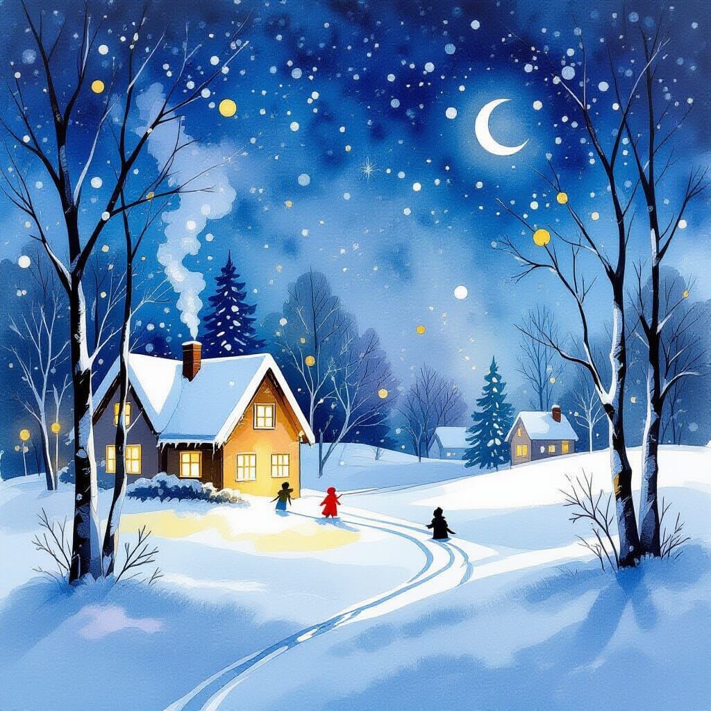 Vibrant Winter Scene in Alcohol Ink Splatter Style