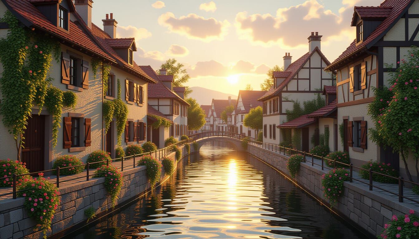 Idyllic Riverside Village at Sunset: Anime-Inspired Impressi...