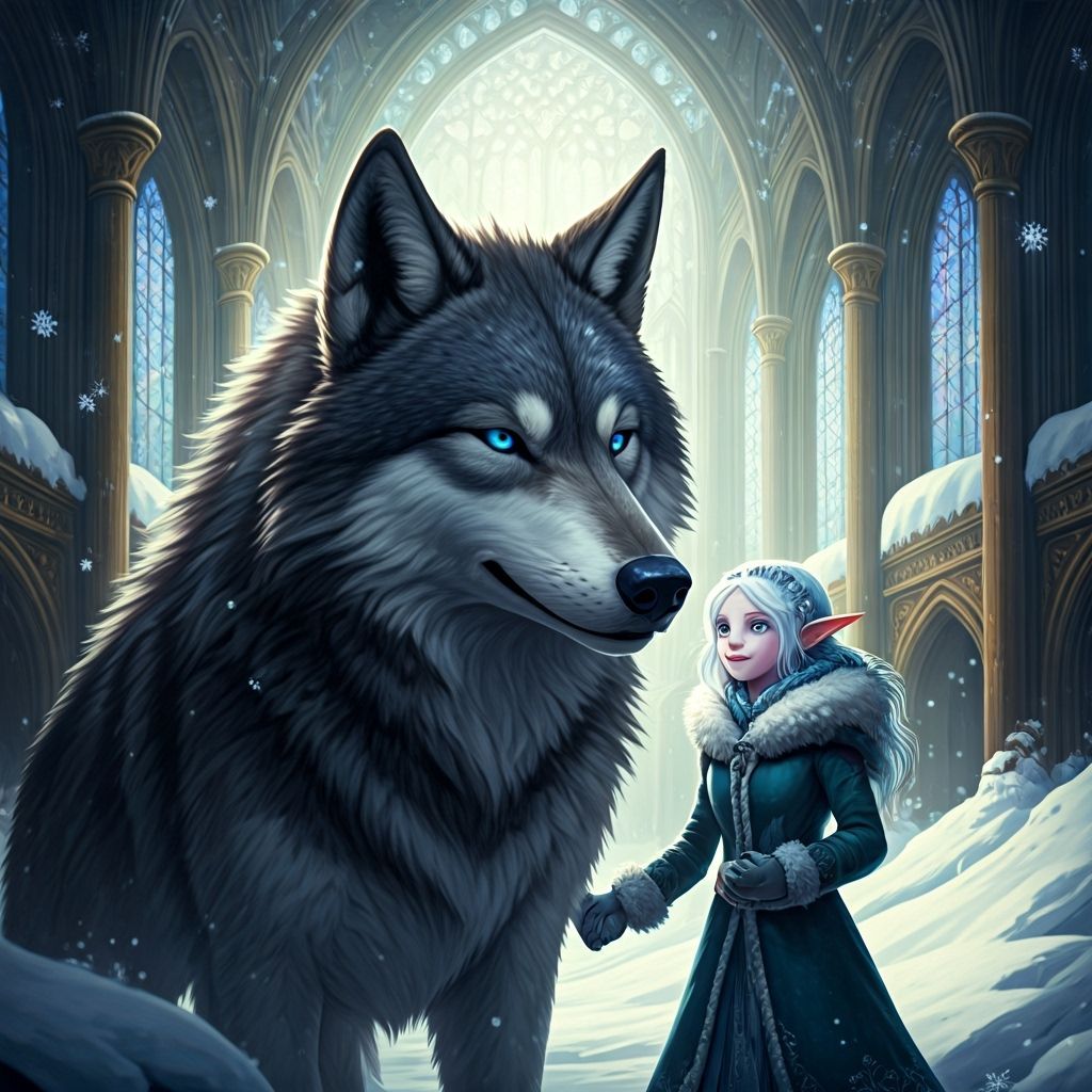 Snow Golem, Elf, and Wolf in Ornate Hall