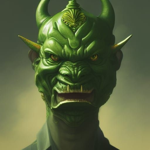 Cyberpunk Portrait of a Man in a Green Oni Mask