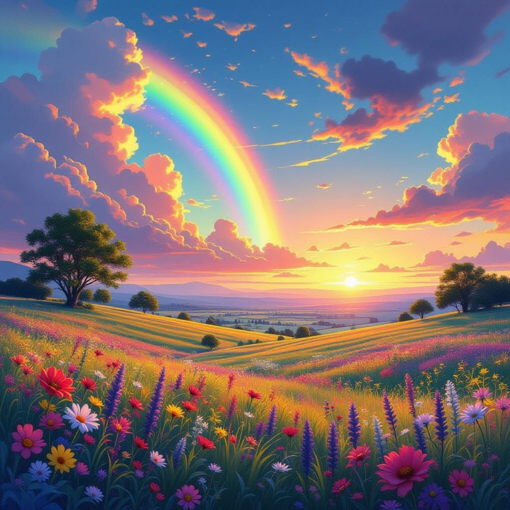 Whimsical Rainbow Landscape in Vibrant, Dreamlike Style