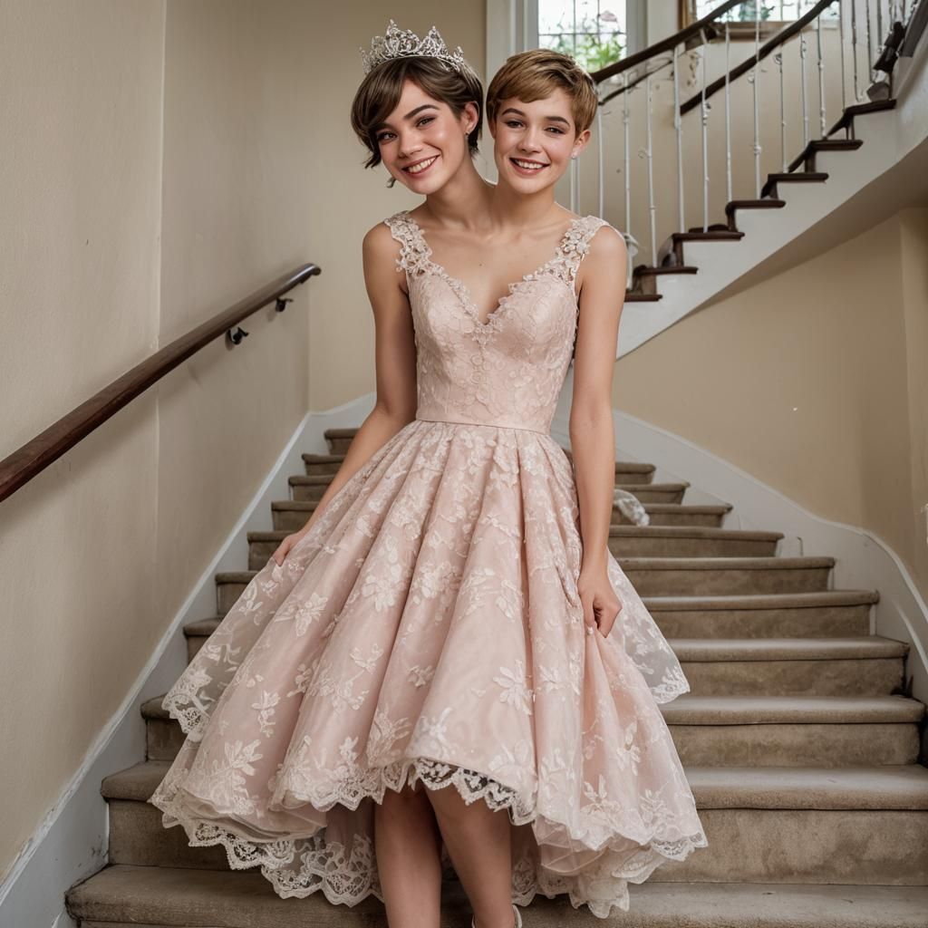 Adolescent Boy Descends Stairs in Elegant Prom Dress