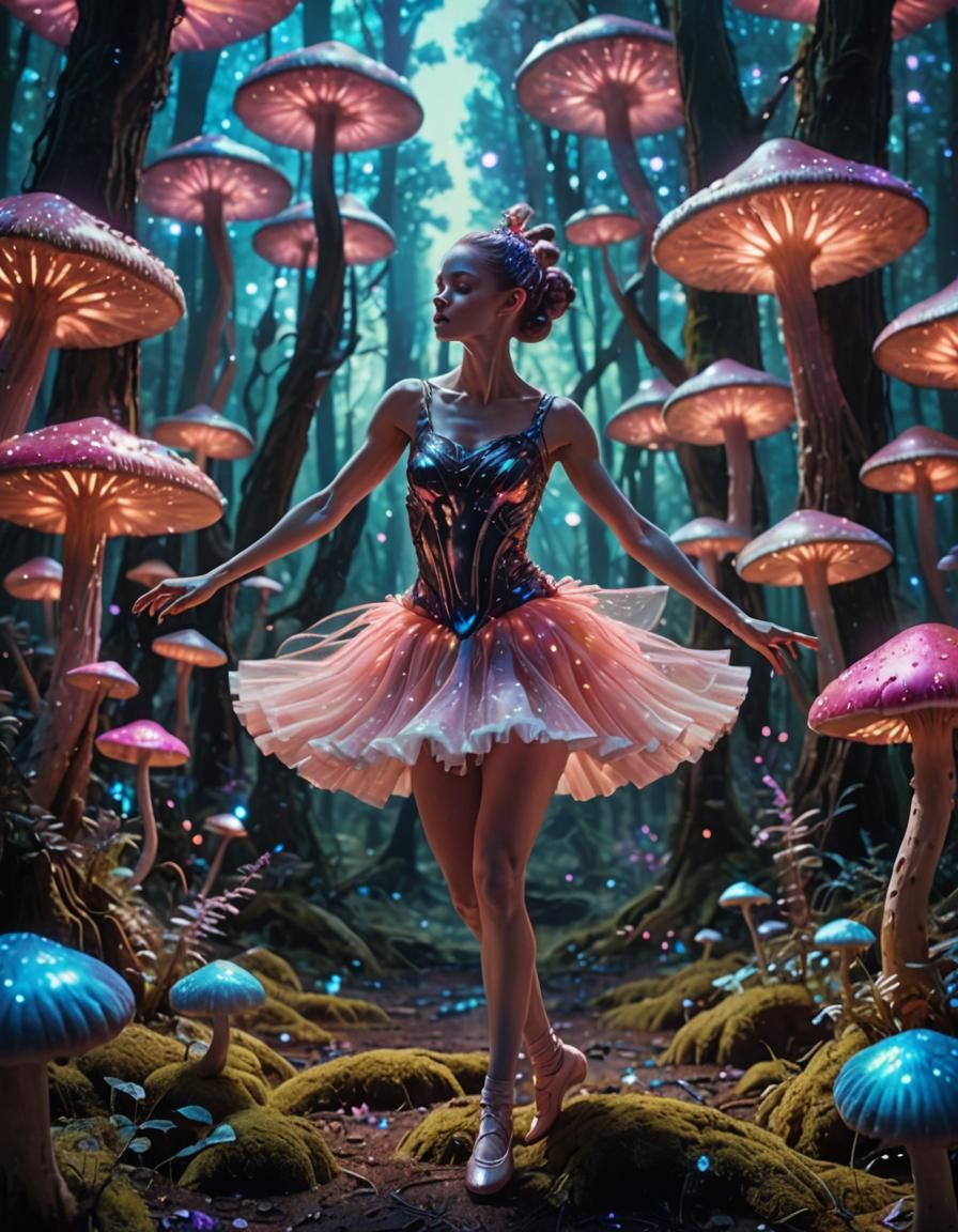 Ethereal Cosmic Ballerina Dances Among Glowing Mushrooms in....