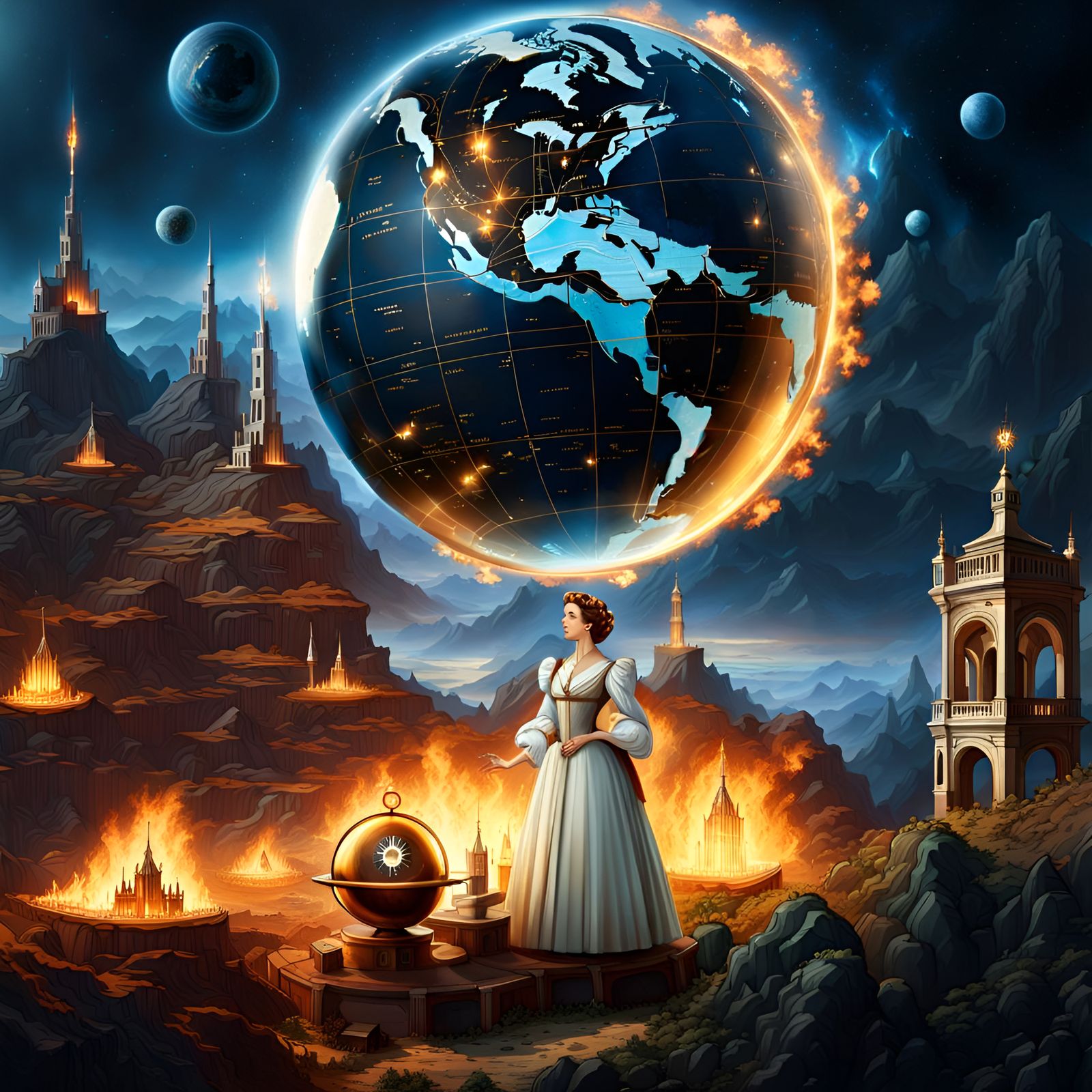 Hyperrealistic Map of a Burning Earth in a Whimsical Style