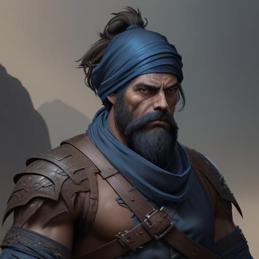 Tall, Gruff Man in Blue Bandana and Rags with a Black Beard
