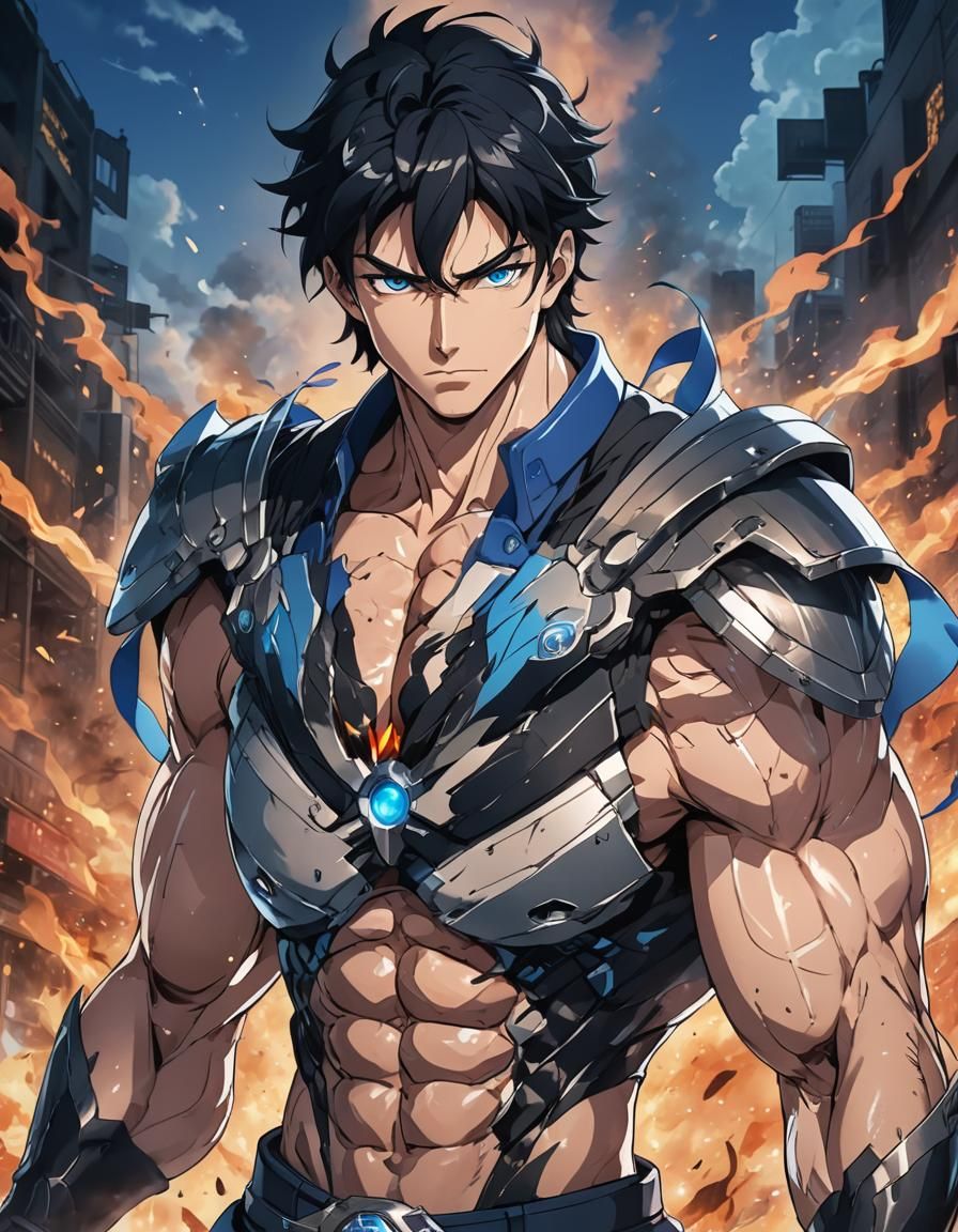 Anime Style Portrait of Confident Man with Blue Eyes