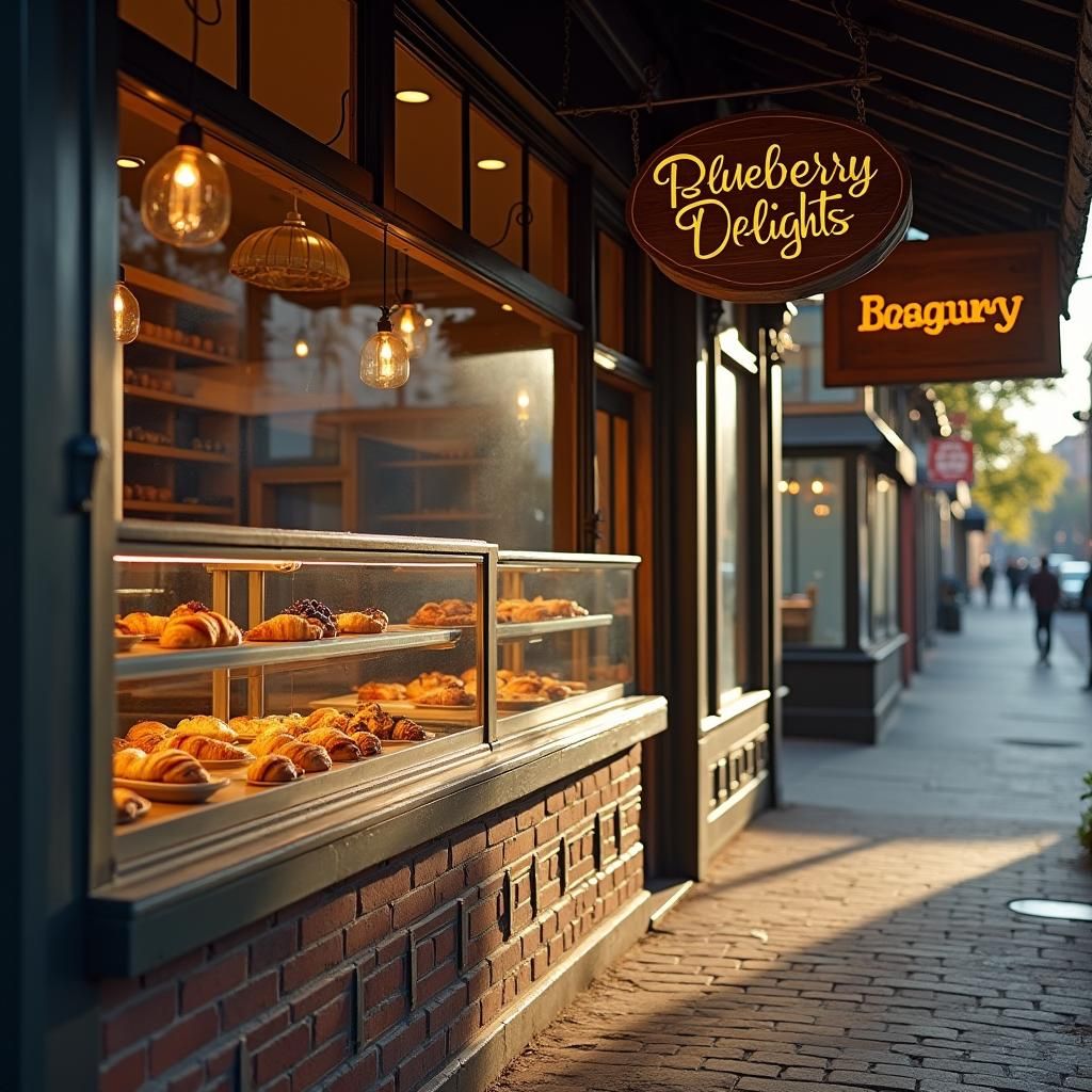 Cozy Blueberry Bakery on Main Street in Warm, Golden Light