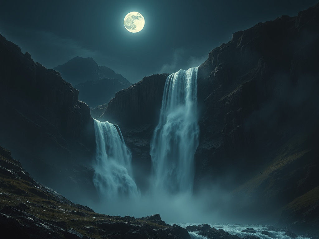 Majestic Moonlit Waterfall Cascades Down Rugged Mountains