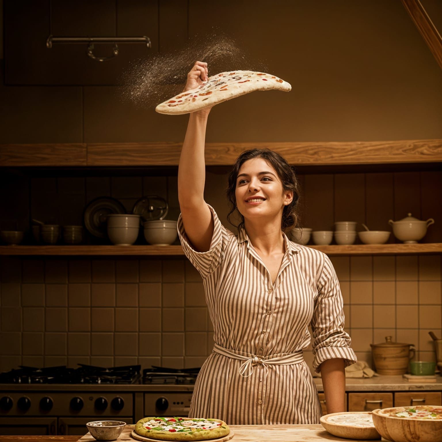 Italian Tradwife Making Pizza: Cinematic Film Still