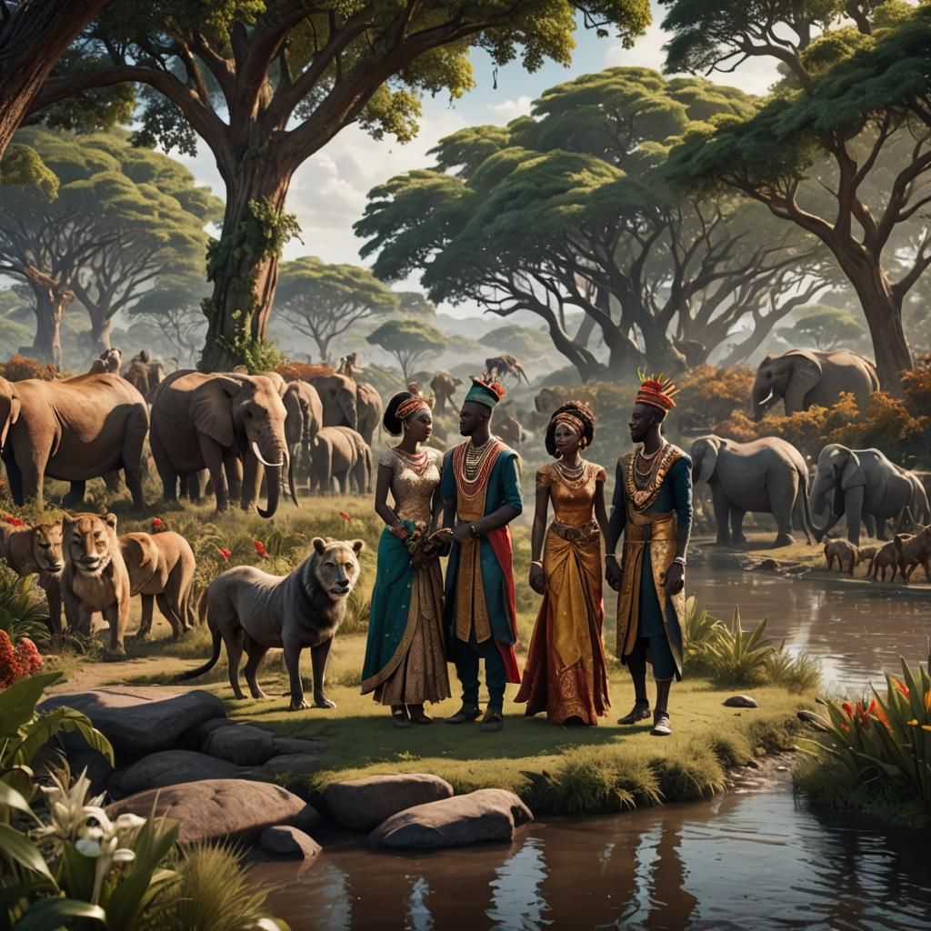 African Riverbank Wedding Scene in Vibrant Fantasy Style