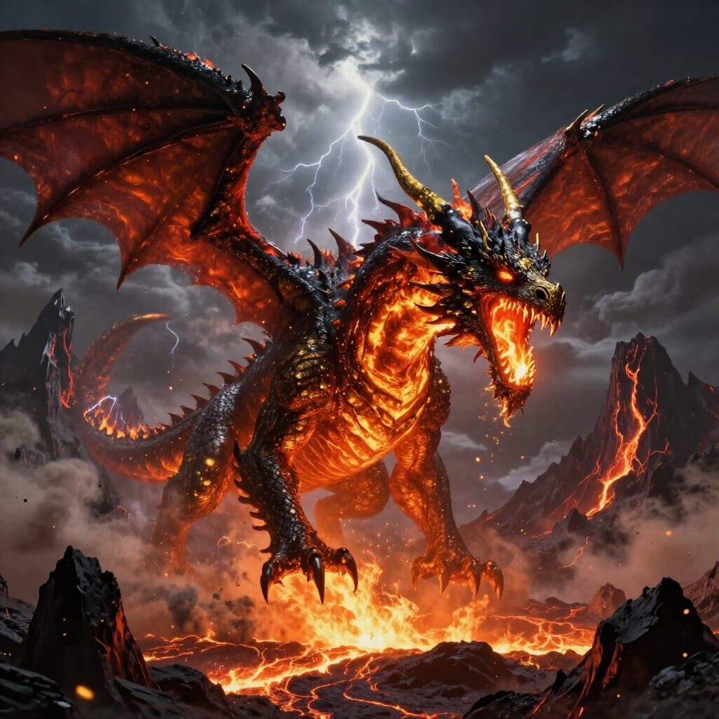 Colossal Fire Dragon in Volcanic Sky Digital Matte Painting