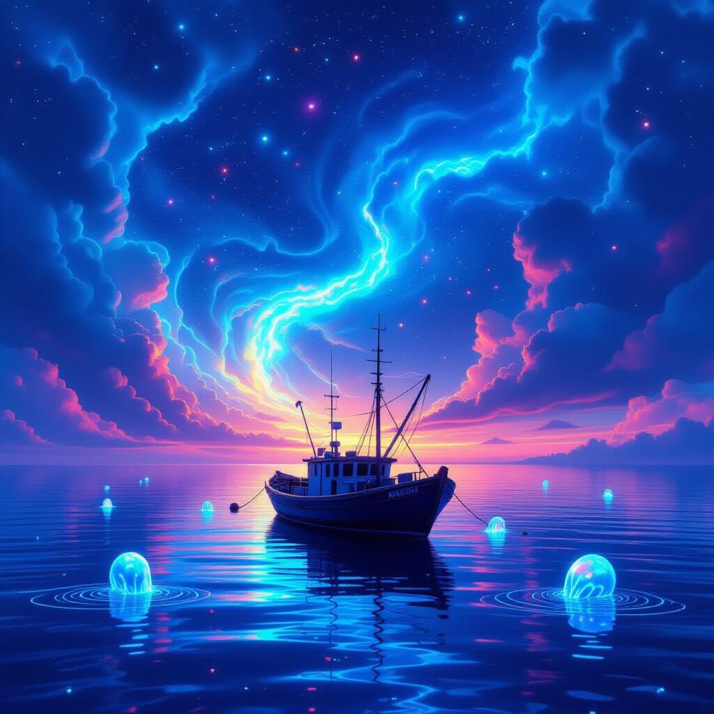 Iridescent Sea with Bioluminescent Cosmic Clouds