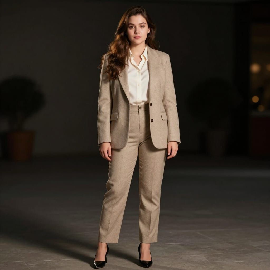 Young Woman in Beige Wool Suit Photorealistic Portrait