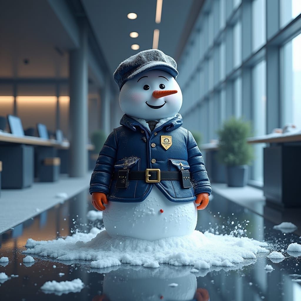 Surreal Security Snowman Melts Inside Futuristic Office