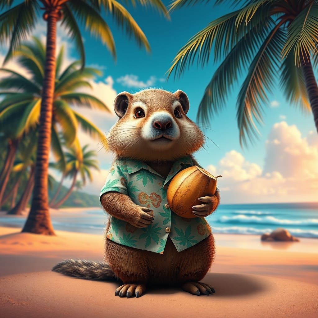 Coconut Marmot on Tropical Beach in Matte Painting Style