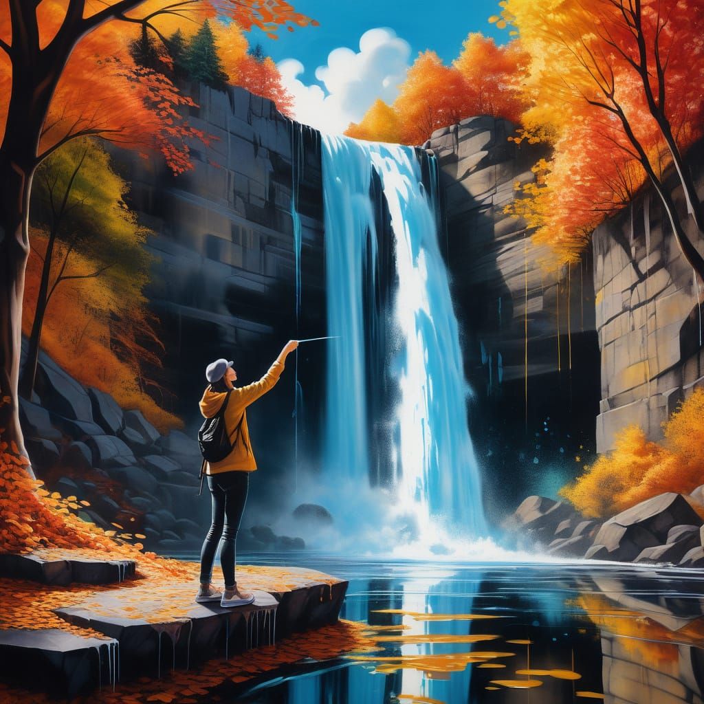 Graffiti Art of Woman Sketching Waterfall in Autumn Forest
