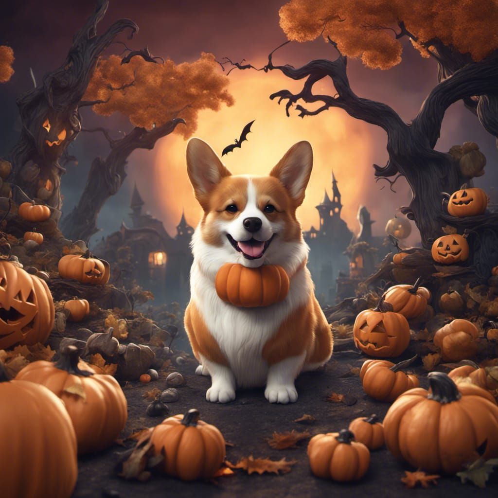Whimsical Corgi Ghost in a Vibrant Halloween Wonderland