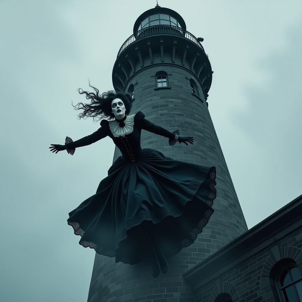 Woman Plummets from Gothic Lighthouse in Surreal Style