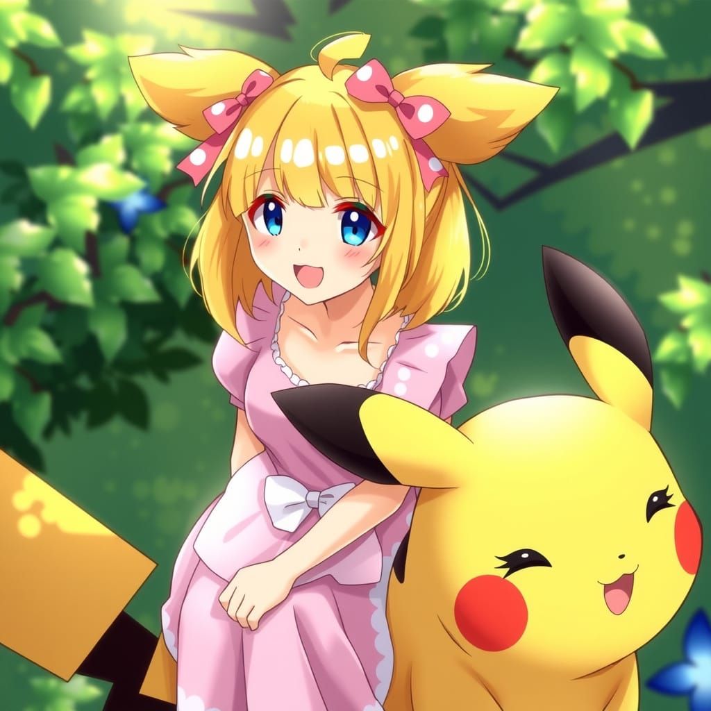 Whimsical Anime Girl and Pikachu in Lush Greenery