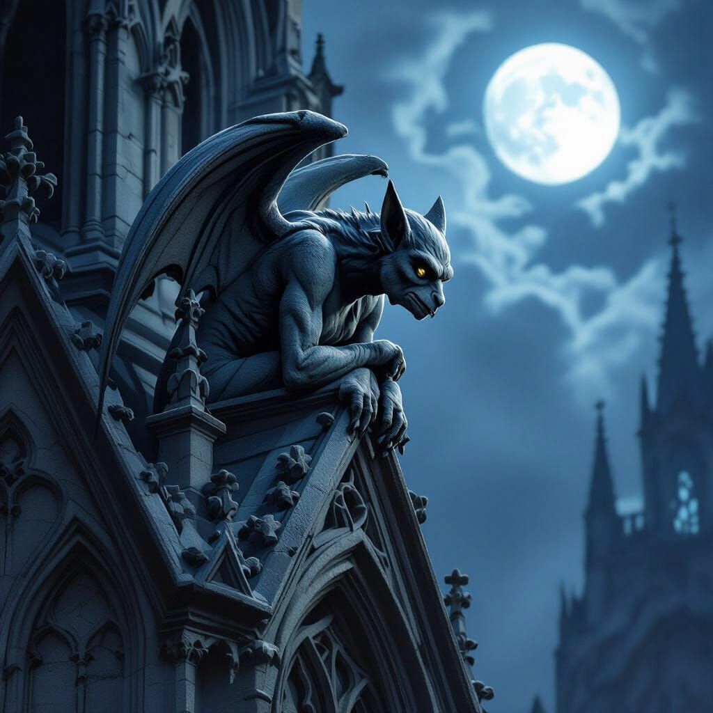 Melancholic Gargoyle in Moonlight