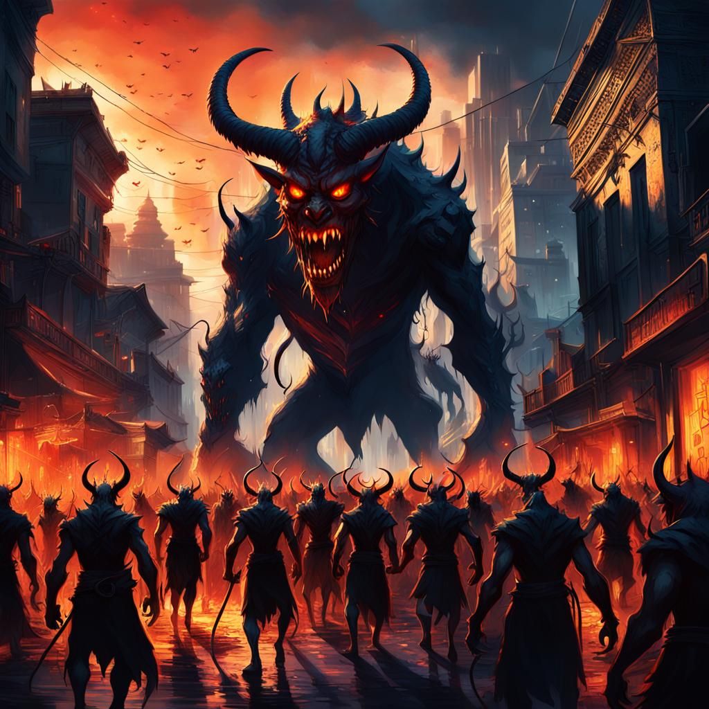 Dark Fantasy City Street Under Siege by Demons