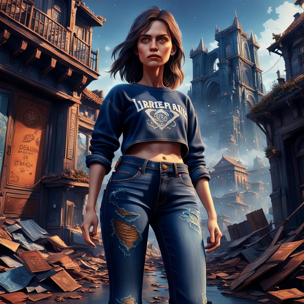 Woman Standing in Jeans in a Fantastical Landscape