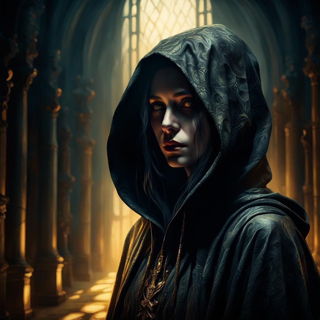 Ethereal Hooded Enchantress in a Haunted Woodland