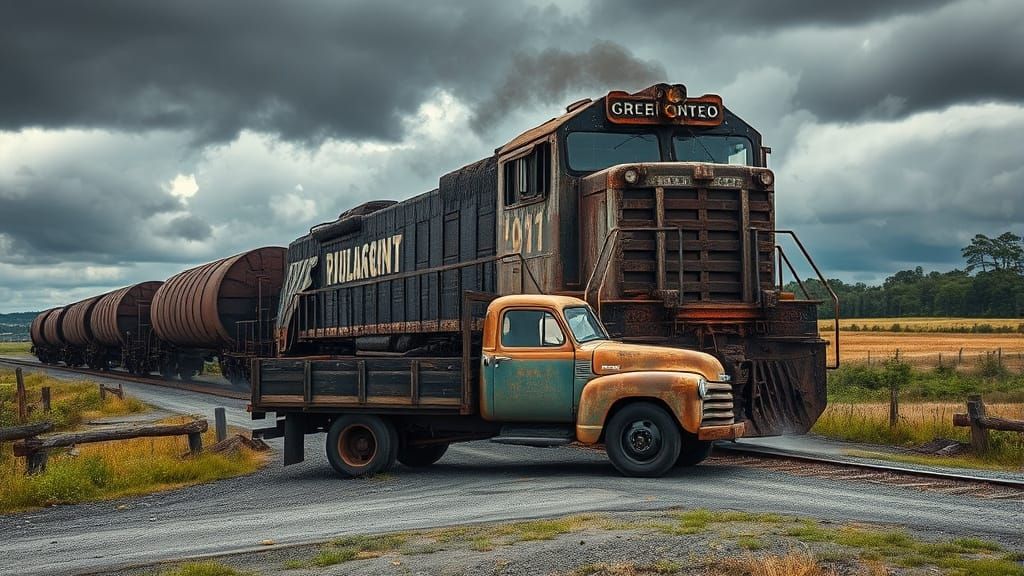 Train Wrecks Pickup Truck in Futuristic Dystopian Landscape