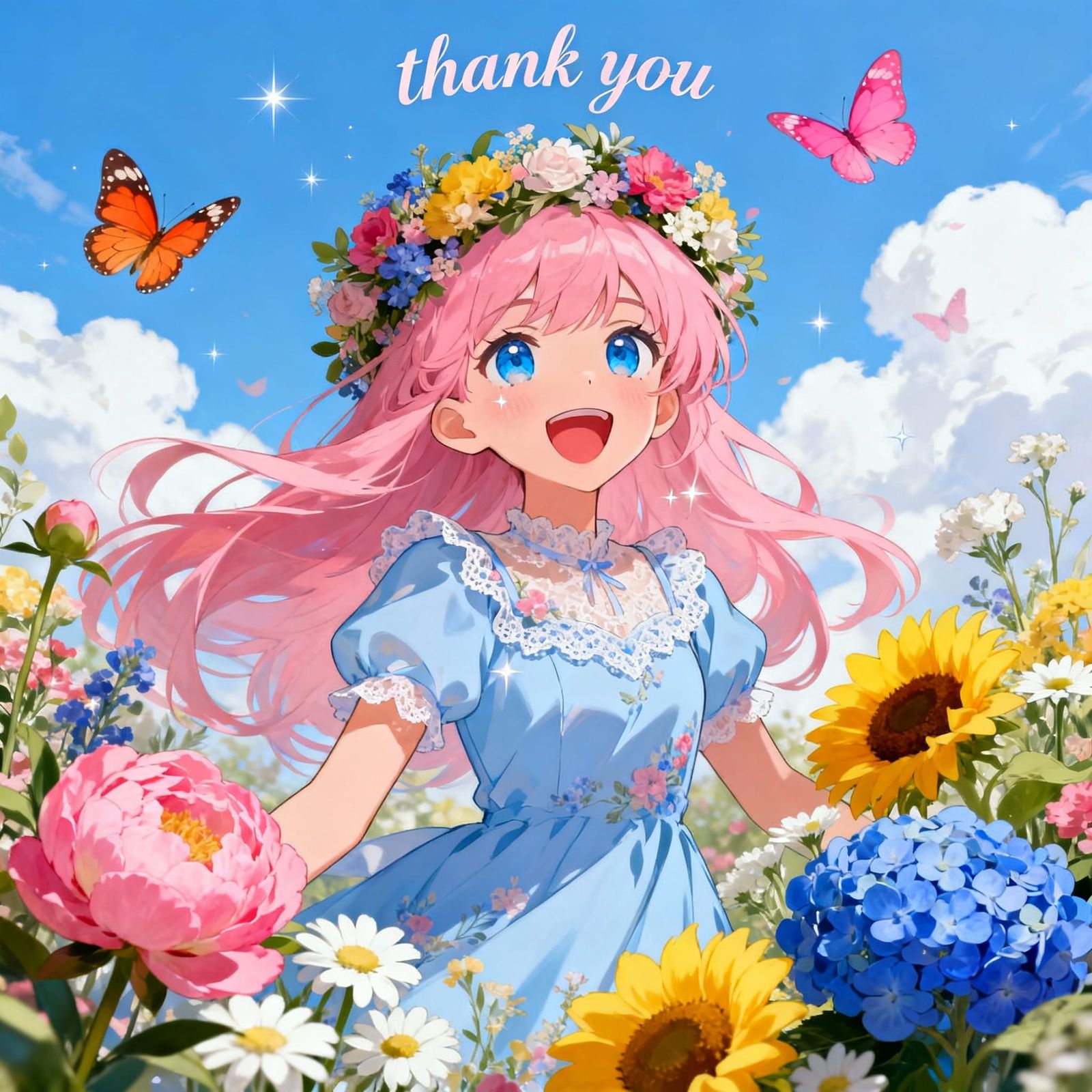 Joyful Anime Girl Surrounded by Flowers in Cel-Shaded Style
