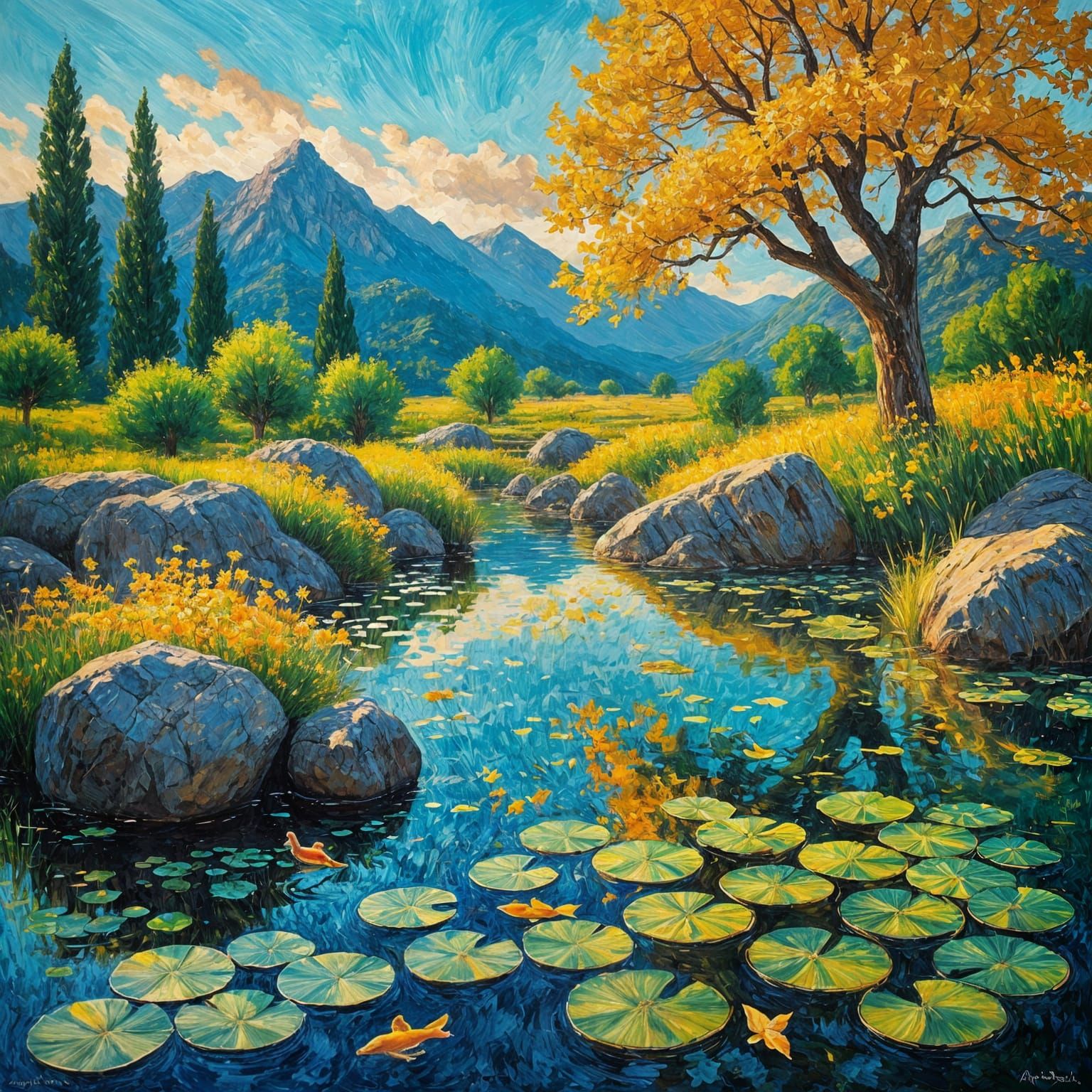 Emerald Pond with Fish and Flowers, Neo-Impressionist Style