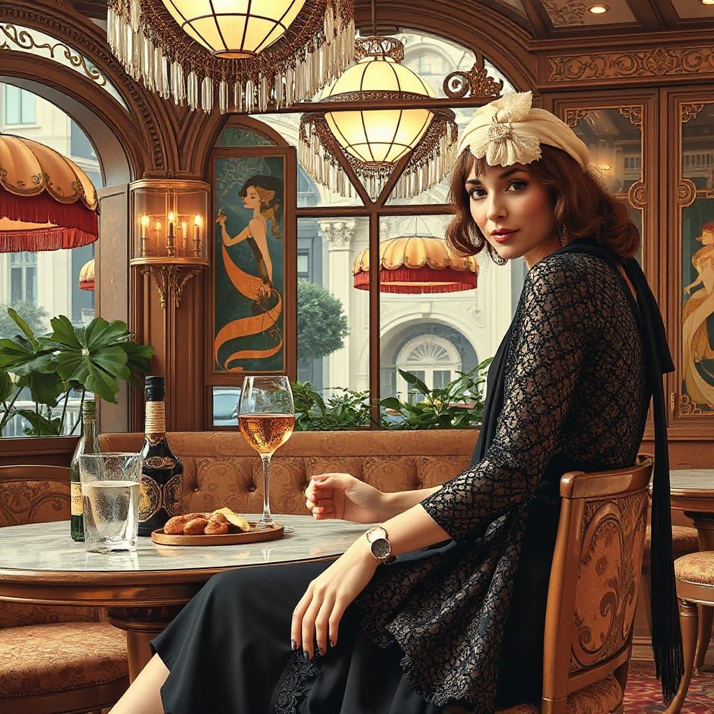 Elegant Woman in French Cafe, Art Nouveau Style