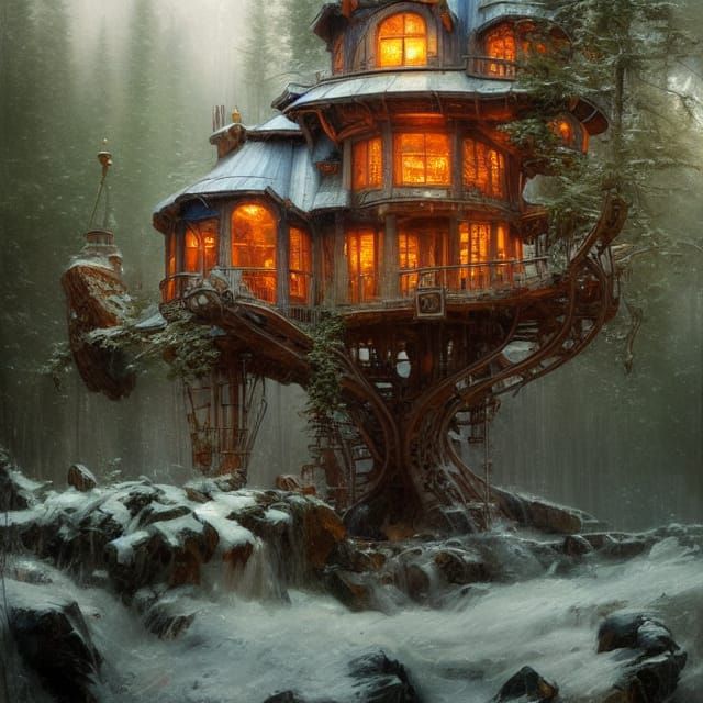 Ethereal Arctic Treehouse in Vibrant, Triadic Colors