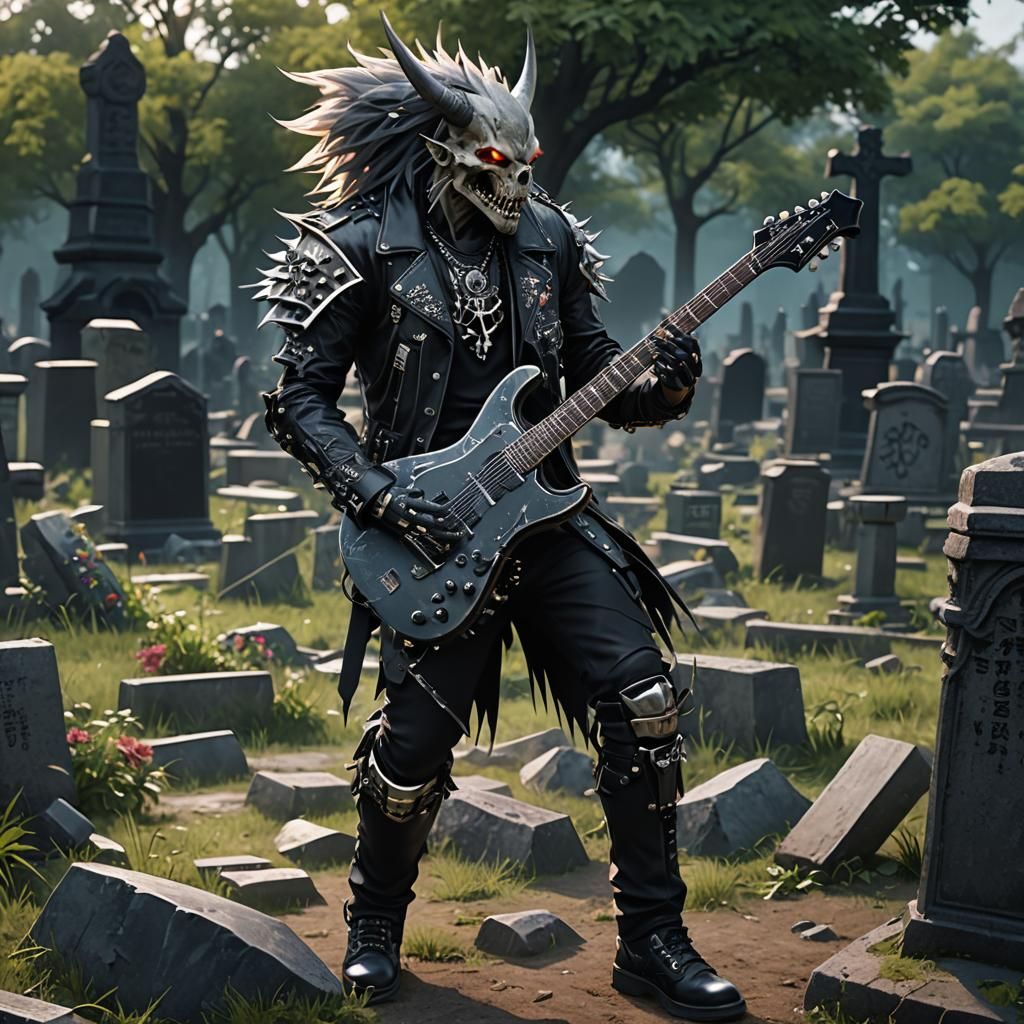 Dead Man in Cyberpunk Style Rocking Warbeast Guitar in Grave...