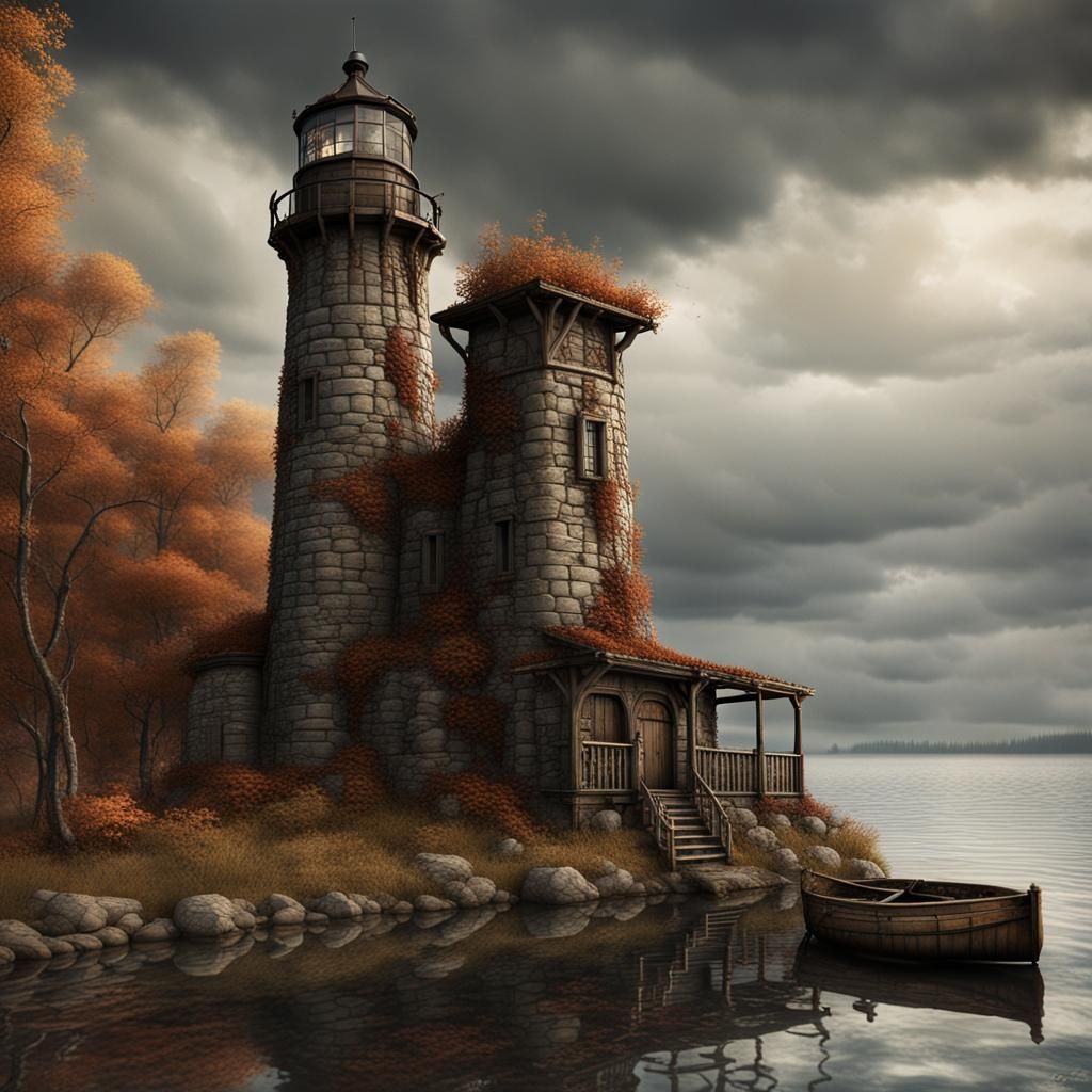Medieval Lighthouse on Rocky Lake Shore