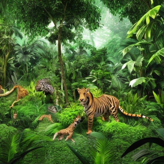 Lush Jungle Scene with Exotic Animals in 3D