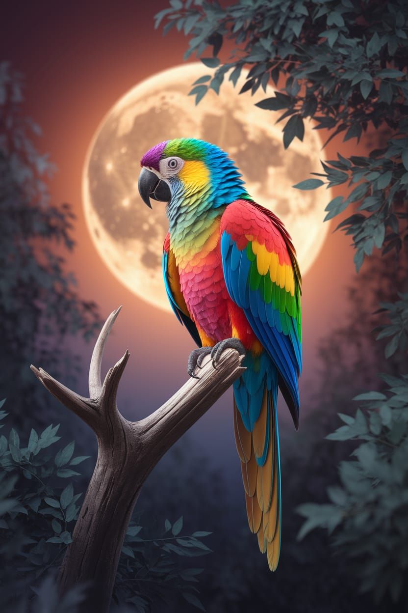 Rainbow Parrot Shines Under Full Moon