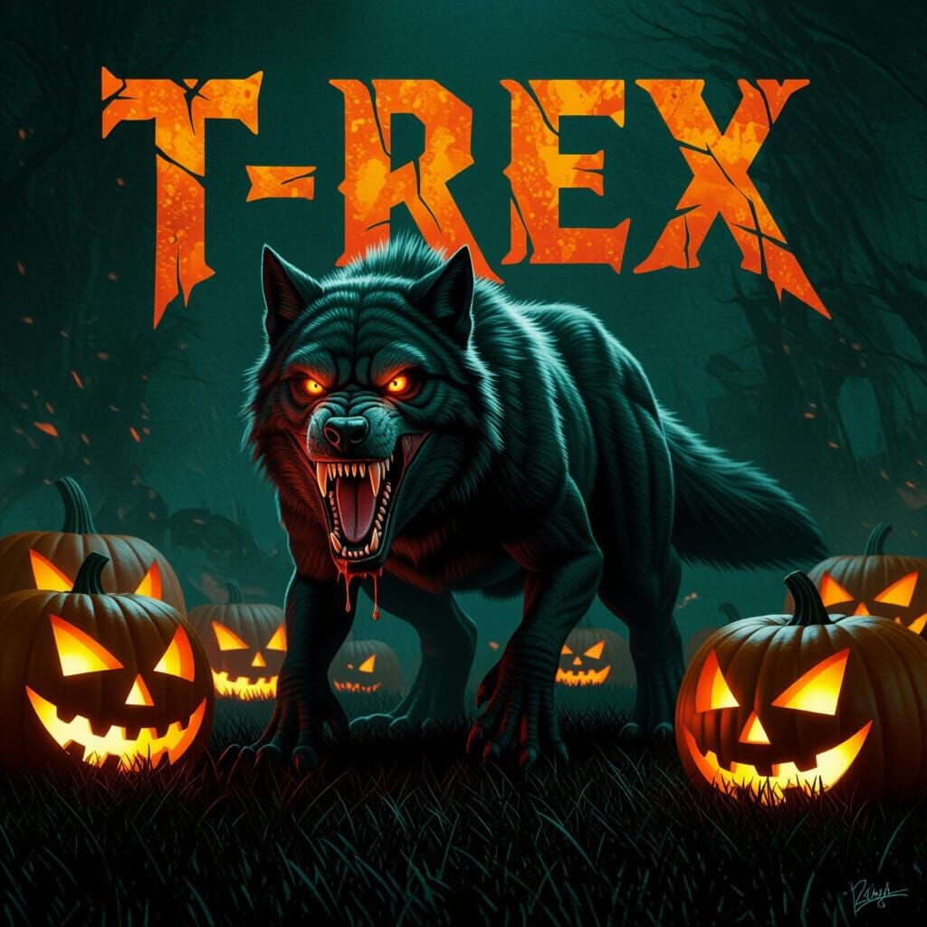 Terrifying T-Rex Wolf Hybrid with Glowing Orange Eyes