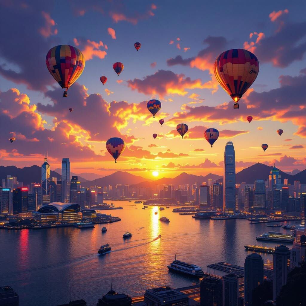 Hong Kong Harbour Sunset with Colorful Hot Air Balloons