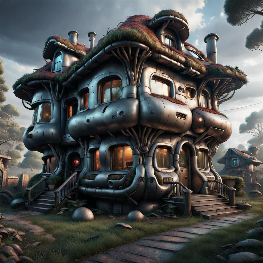 Intricate Fusion of Robotics and Mycelium in Moody Hyperreal...