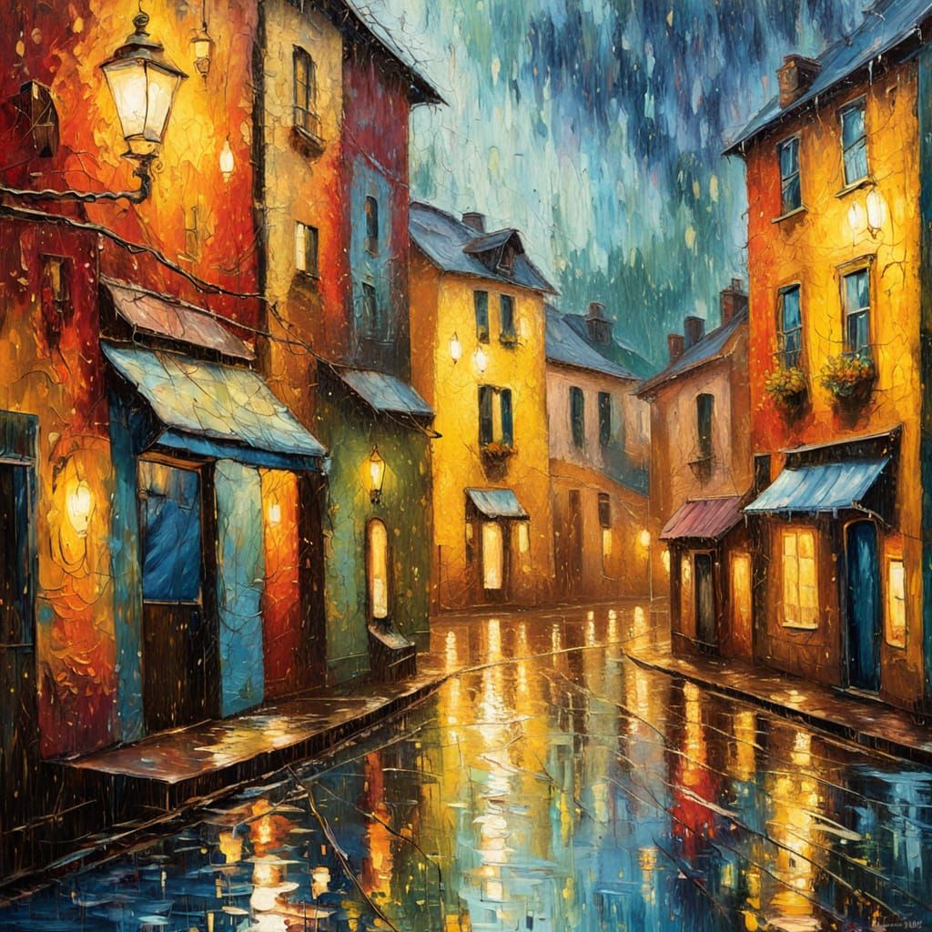 Vibrant Rainy Cityscape in Neo-Impressionist Oil Painting