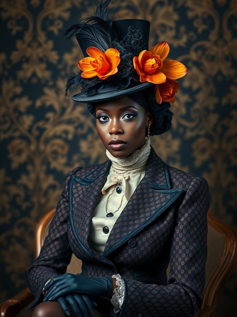 A Regal Victorian-Era Woman in Opulent Attire, Top Hat, and...