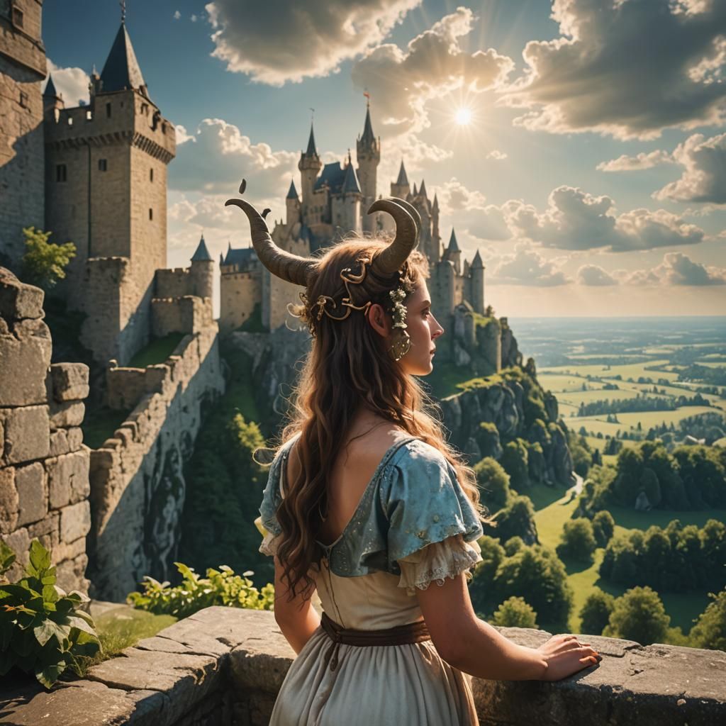 Mythical Female Satyr Admires Majestic Castle in Soft Focus