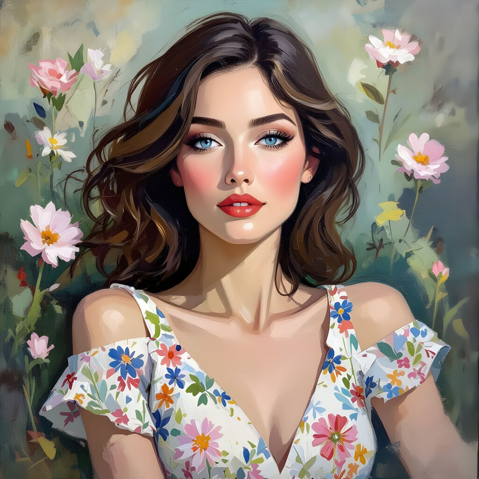 Expressionist Woman Portrait in Romantic Floral Oil Painting